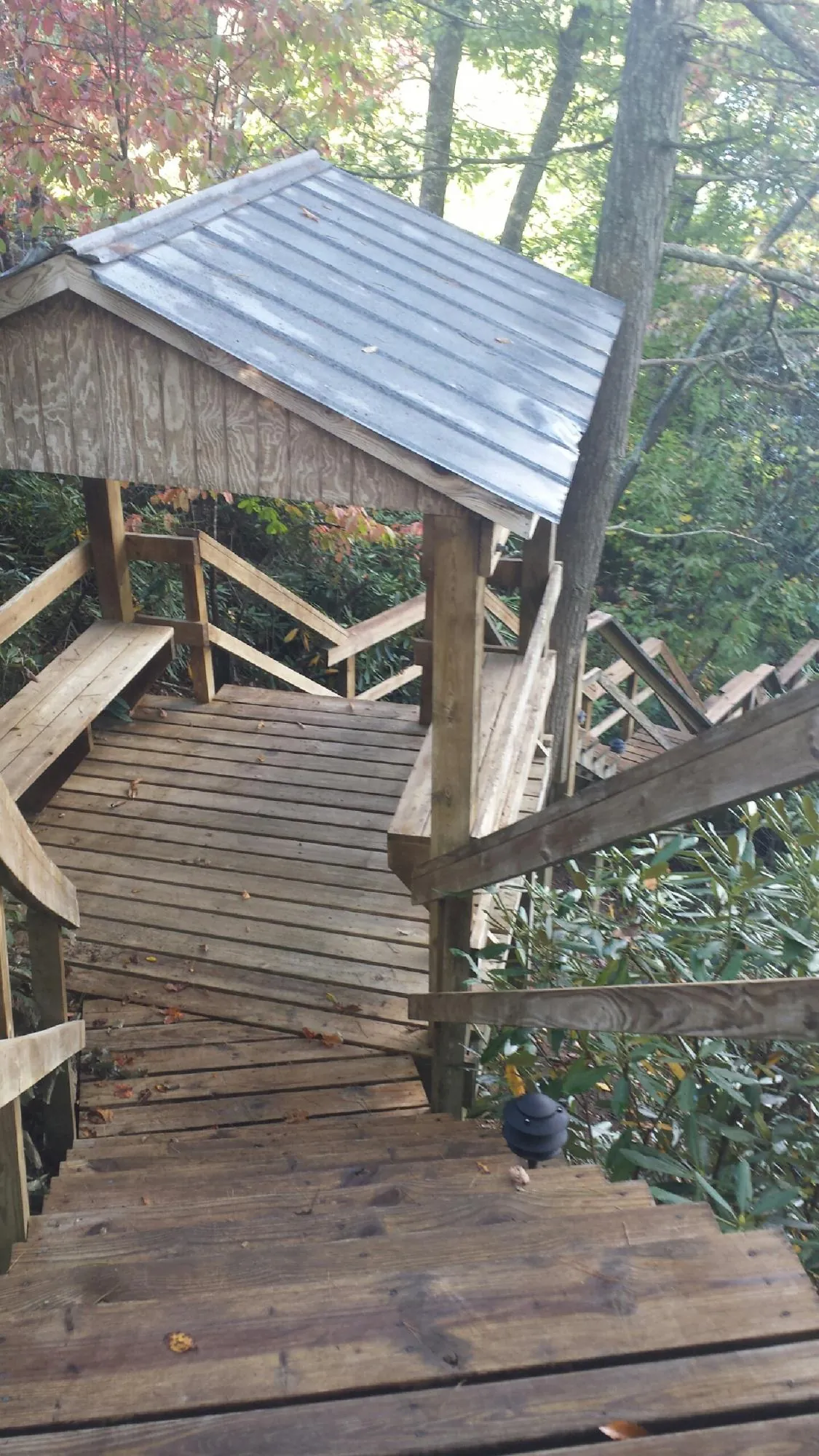 Metal roofed shelter over wooden steps on a wooded walkway — Skylight Repair & Installation work by our crew in Cope